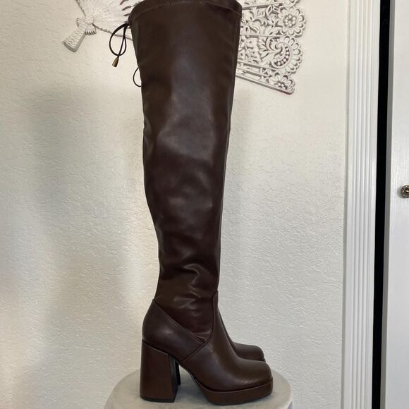 NEW Top Moda Dark Brown Dover Chunky Sexy Thigh High Platform Boots US 8 - Picture 2 of 8